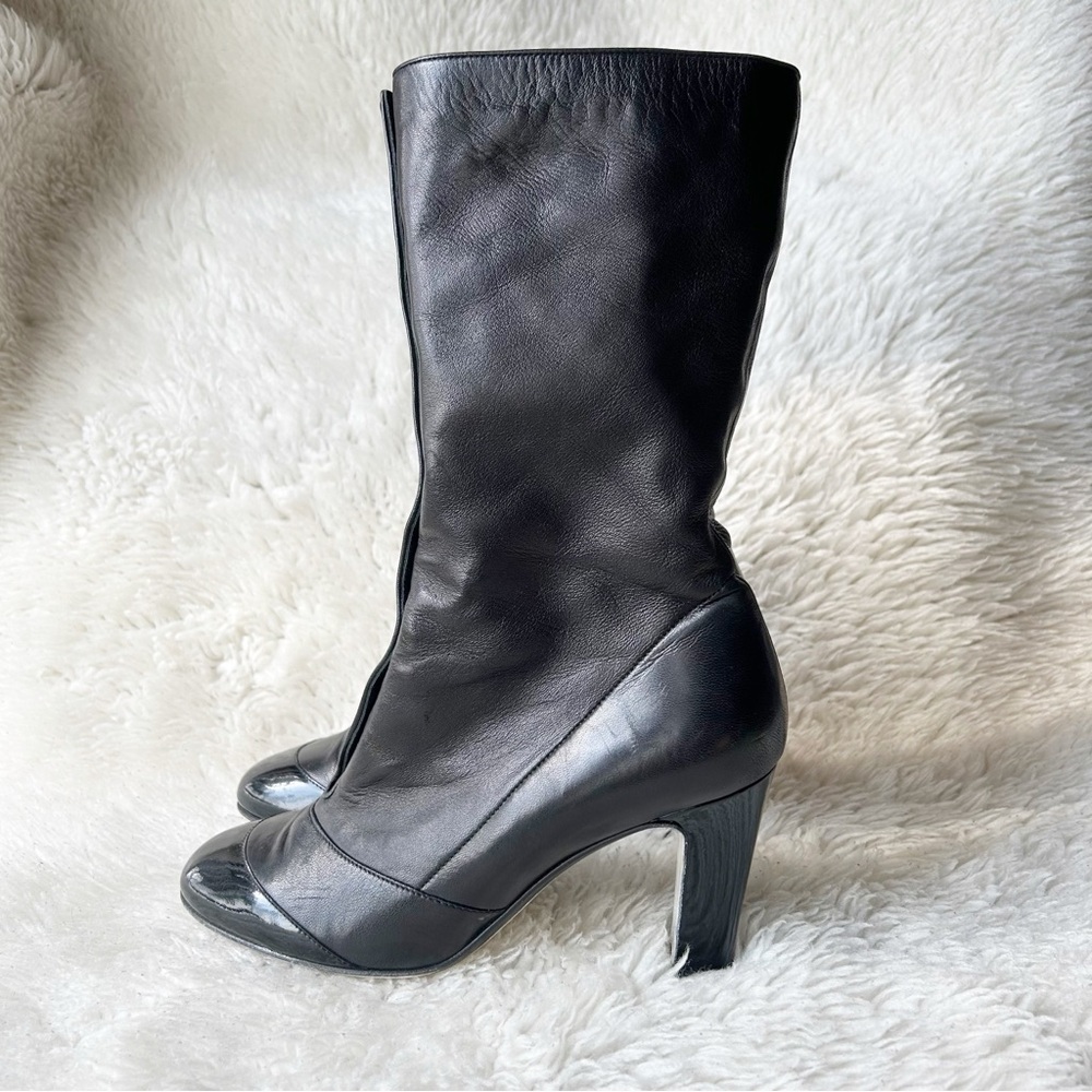 Chanel Black Leather Snap Up CC Logo Riding Boots Heeled Size EU 37.5 Mis Calf